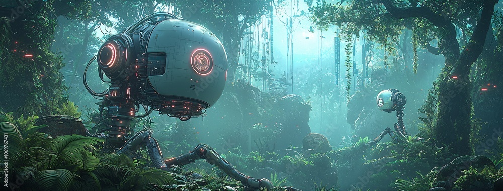 Poster a serene forest scene where ai-powered robots tend to the environment, blending seamlessly with natu