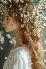 Fototapeta premium A woman with long blonde hair wearing a flower crown