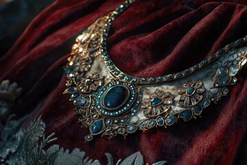 Obraz premium Gold and Blue Necklace on Red Cloth