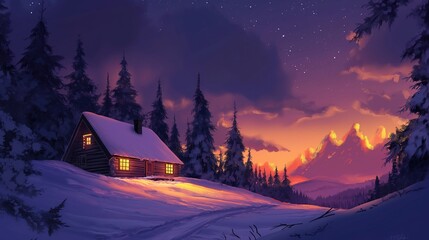 Fototapeta premium Winter Wonderland: Cozy Cabin Under the Stars. 2025 Christmas, Spring Festival, winter marketing, poster design, anime style