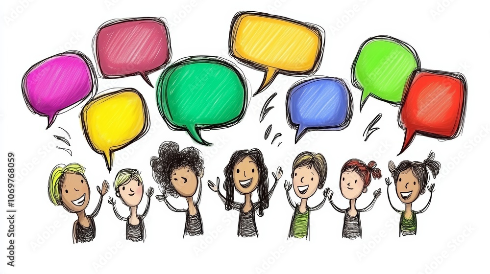 Poster visualizing communication, diverse group sharing ideas and expressing thoughts through speech bubble