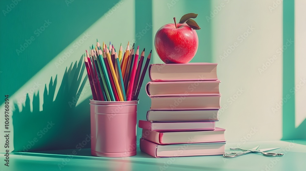 Poster a neatly arranged stack of pink books topped with a red apple positioned next to a container filled 
