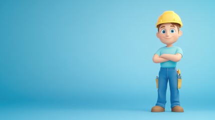 Builder's Confidence: a charming builder character with a sunny helmet and a tool belt confidently stands in a cool, colorful studio.