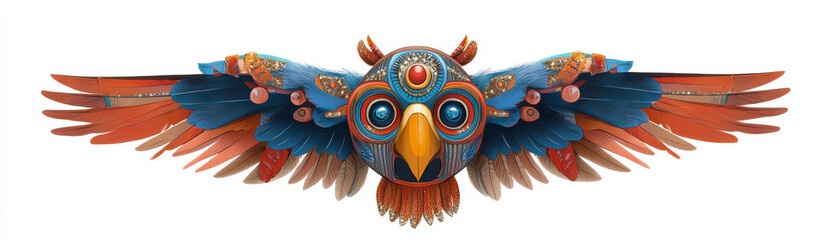 vibrant festival mask with intricate glitter details and eye catching colors, featuring bird like design with wide spread wings and striking central face