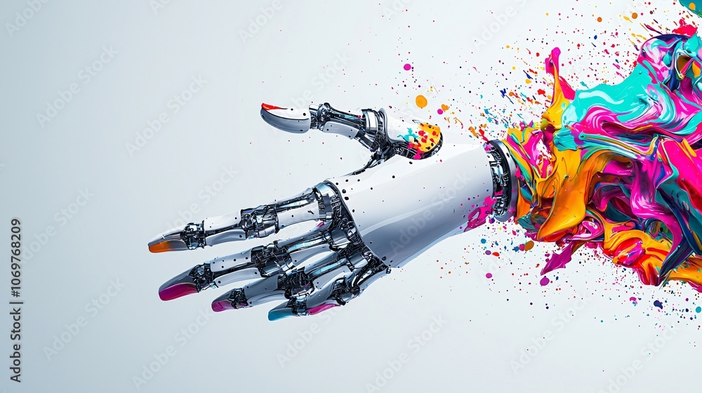 Poster an ai artist creating a masterpiece, its robotic hands moving with precision, the artwork a fusion o