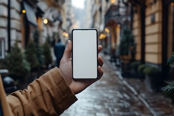 A mockup of a smart Phone, with a man's hands holding a phone in the street on christmas time