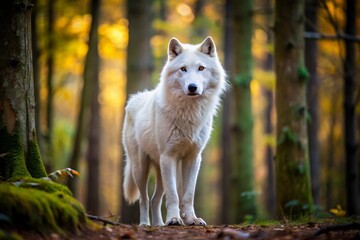 Obraz premium A white dog stands on a rock in a forest