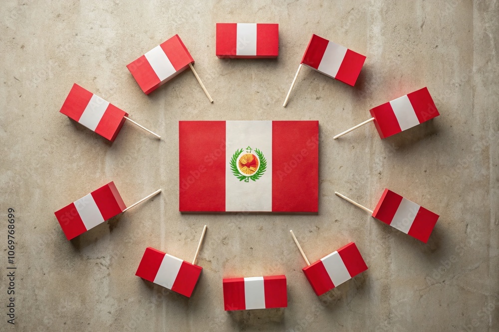 Poster minimalist composition of peru flags arranged in various shapes: round, square, and rectangular on a