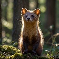 Fototapeta premium Woodland Discovery: A Pine Marten in the Glowing Forest