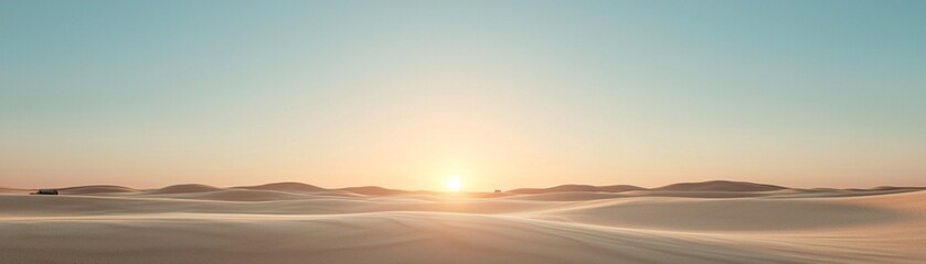 A vast desert where AI-powered machines mine for resources, the sun setting in the background, sand dunes, a sense of isolation