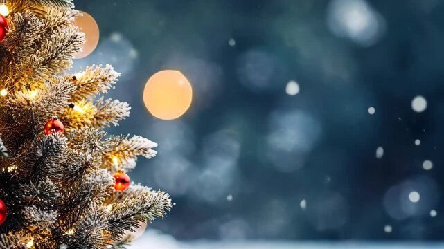 Close up green Christmas tree branches in snow background.