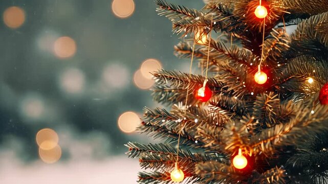 Close up green Christmas tree branches in snow background.