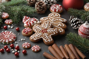 Christmas-themed background with gingerbread cookies, candies, and pine branches on dark gray tabletop, surrounded by sweets and tree branches.