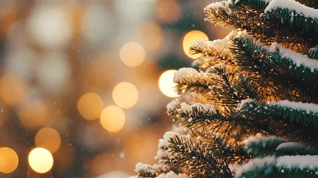 Close up green Christmas tree branches in snow background.