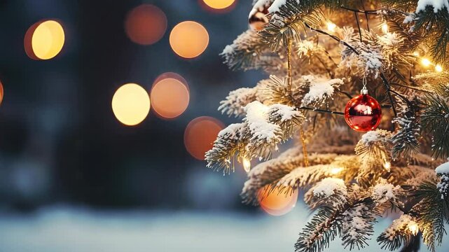 Close up green Christmas tree branches in snow background.