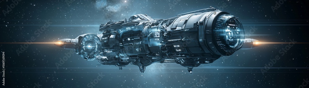Poster a massive ai-powered spaceship exploring the far reaches of the galaxy, advanced navigation systems,