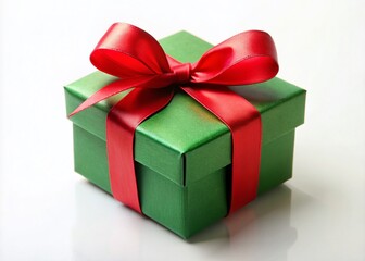 Obraz premium Minimalist Green Gift Box with Red Ribbon Isolated on White Background, Perfect for Holiday Gifting and Celebrations in a Clean and Simple Aesthetic
