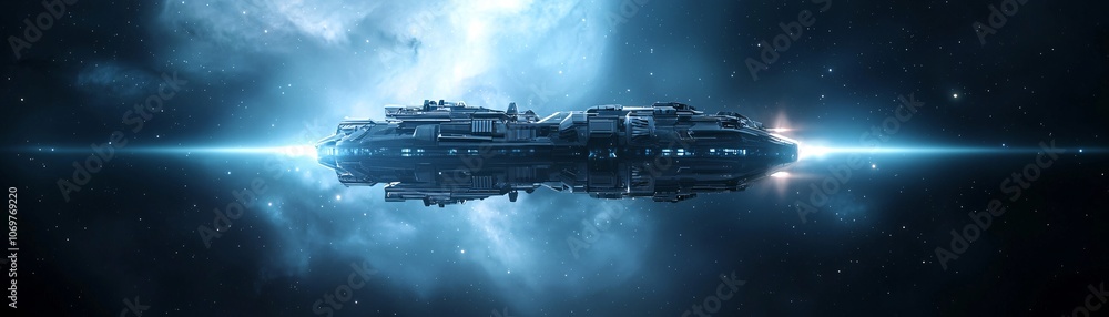 Poster a massive ai-powered spaceship exploring the far reaches of the galaxy, advanced navigation systems,