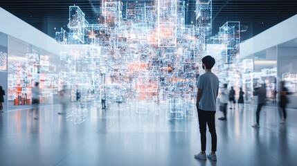 An AI-created art museum, displaying holographic artworks that change shape and color, visitors in awe, a fusion of art and technology