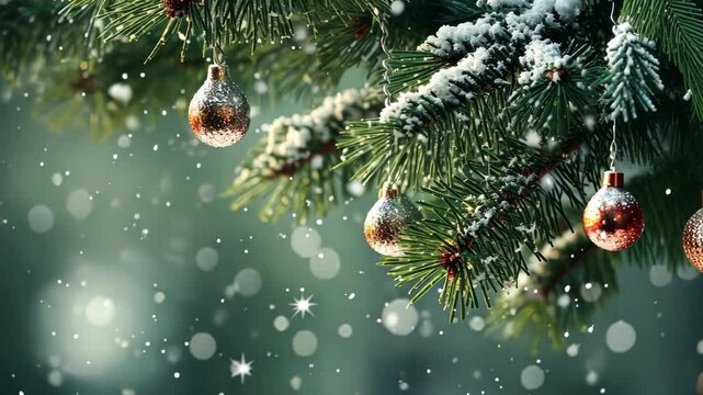 Close up green Christmas tree branches in snow background.