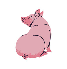 Cute pink domestic pig sits, relaxes at barnyard. Funny fat swine, livestock, farm animal of ranch. Happy farming pet of country. Homestead fauna. Flat isolated vector illustration on white background