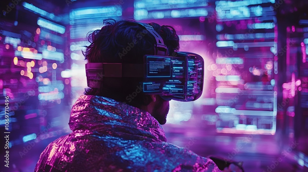 Poster a person wearing a virtual reality headset and interacting with advanced holographic menus and graph