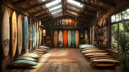 A rustic wooden surf shop interior with surfboards lining the walls and a rug in the center.