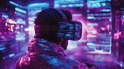 A person wearing a virtual reality headset and interacting with advanced holographic menus and graphics showcasing the latest developments in immersive technology and user experience