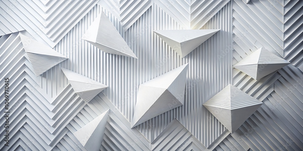 Poster minimalist white abstract geometric background with flying surfaces, triangles, and stripes, creatin