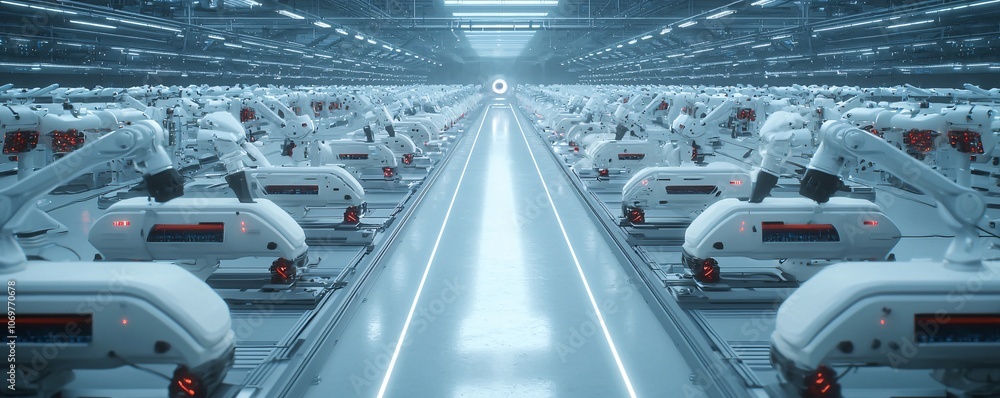 Poster a vast ai-operated factory producing advanced robotics, endless rows of machinery, a sense of indust