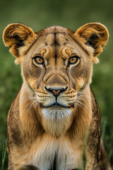 Fototapeta premium A close up of a lioness sitting in the grass