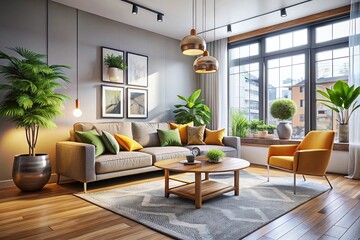 Minimal Living Room in an Urban Setting: A Serene Space with Clean Lines, Natural Light, and Subtle Decor for a Tranquil Atmosphere in a City Apartment