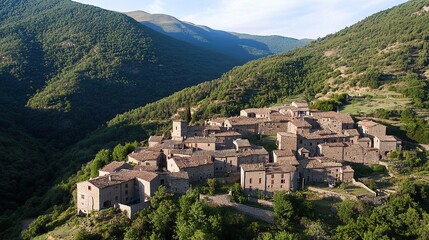 Fototapeta premium Picturesque Mountain Village with Stone Houses and Green Foliage