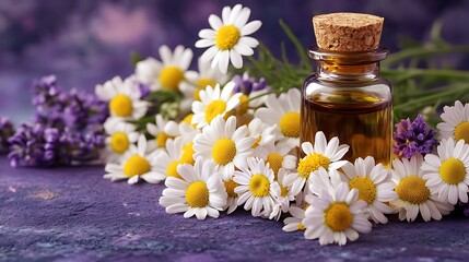 3D depiction of natural oils and chamomile flowers for healing, set on a deep purple background for a soothing vibe