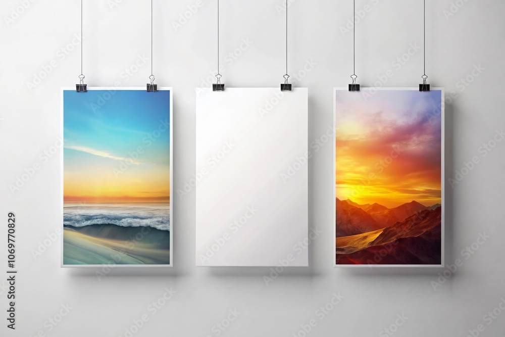 Poster mockup of three suspended a3 posters on a white background with paper fold effect for creative prese