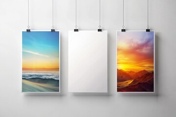Mockup of Three Suspended A3 Posters on a White Background with Paper Fold Effect for Creative Presentation and Design Showcases