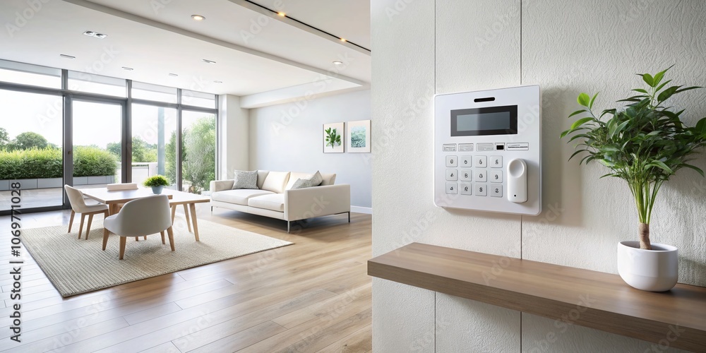 Poster modern alarm system on a minimalist wall: a stylish approach to home security with sleek design and 