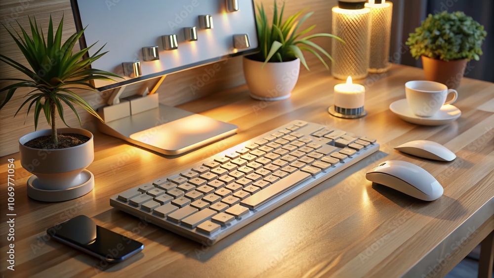 Poster modern and stylish keyboard on a sleek desk with ambient lighting, showcasing a minimalist design an