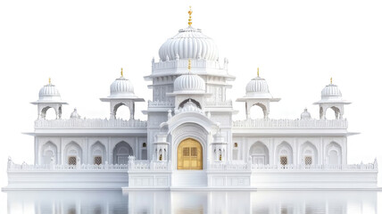 A white marble building with intricate details and a golden door, reflected in the water.
