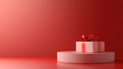 Gift on a Podium: A beautifully wrapped gift box, adorned with a ribbon and bow, rests atop a sleek cylindrical podium against a softly illuminated backdrop.