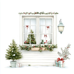 cozy Christmas scene with decorated tree visible through window, adorned with festive garlands and gifts outside, evokes warmth and holiday cheer