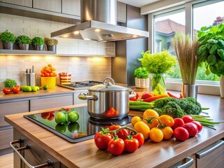 Modern Kitchen Scene with a Pot on the Stove Surrounded by Fresh Tomatoes and Vibrant Ingredients, Perfect for Culinary Inspiration and Home Cooking Enthusiasts