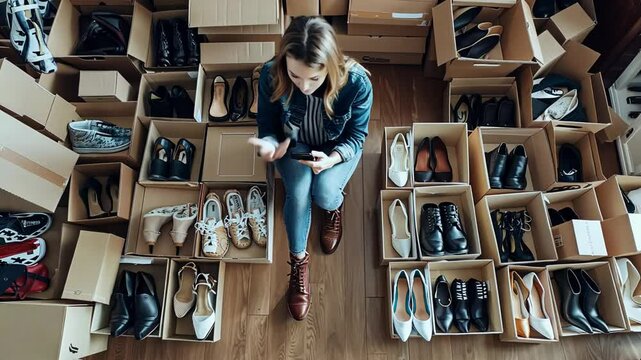 Woman selecting shoes online amidst variety of footwear choices