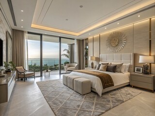 Fototapeta premium Modern Luxury Style Bedroom: A Panoramic View Showcasing Elegant Decor, Plush Bedding, and Stylish Furnishings in a Serene Atmosphere with Contemporary Lighting and Color Palette