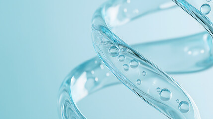 Futuristic DNA double helix in transparent blue, accented by liquid droplets, set on a clear blue gradient background. Ideal for scientific posters.