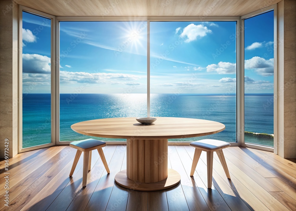 Poster modern round wooden table with ocean view illuminated by bright natural light through a window, perf