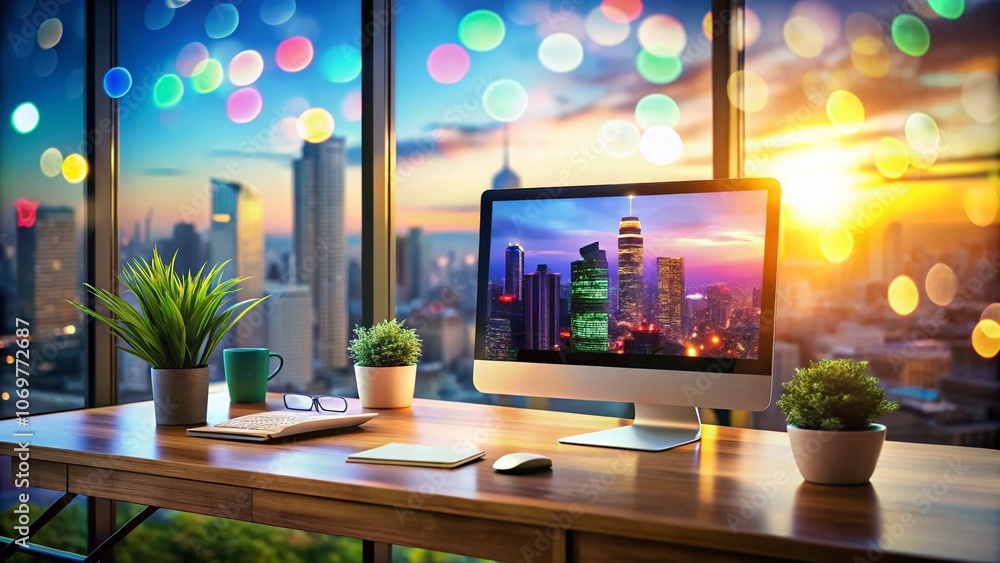 Poster modern workspace with cityscape reflected on computer screen, bokeh effect enhancing the aesthetic a