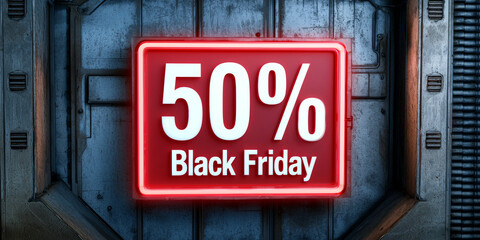 Obraz premium A vibrant sign promotes a 50% discount for Black Friday on a textured background, creating an eye-catching advertisement.
