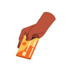 Black person pays with electronic money by cashless payment. Human hand hold plastic credit or debit card. Digital banking and financial literacy. Flat isolated vector illustration on white background