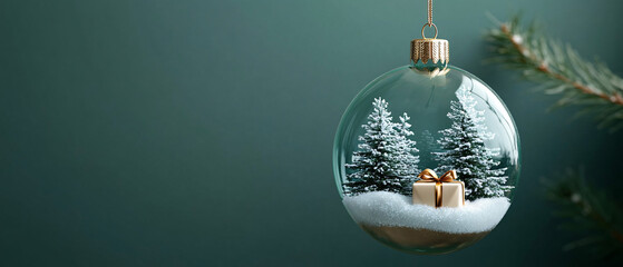 A serene glass ornament with a winter scene featuring evergreen trees and a gold-wrapped gift, perfect for holiday cards, winter decor, and festive designs.
